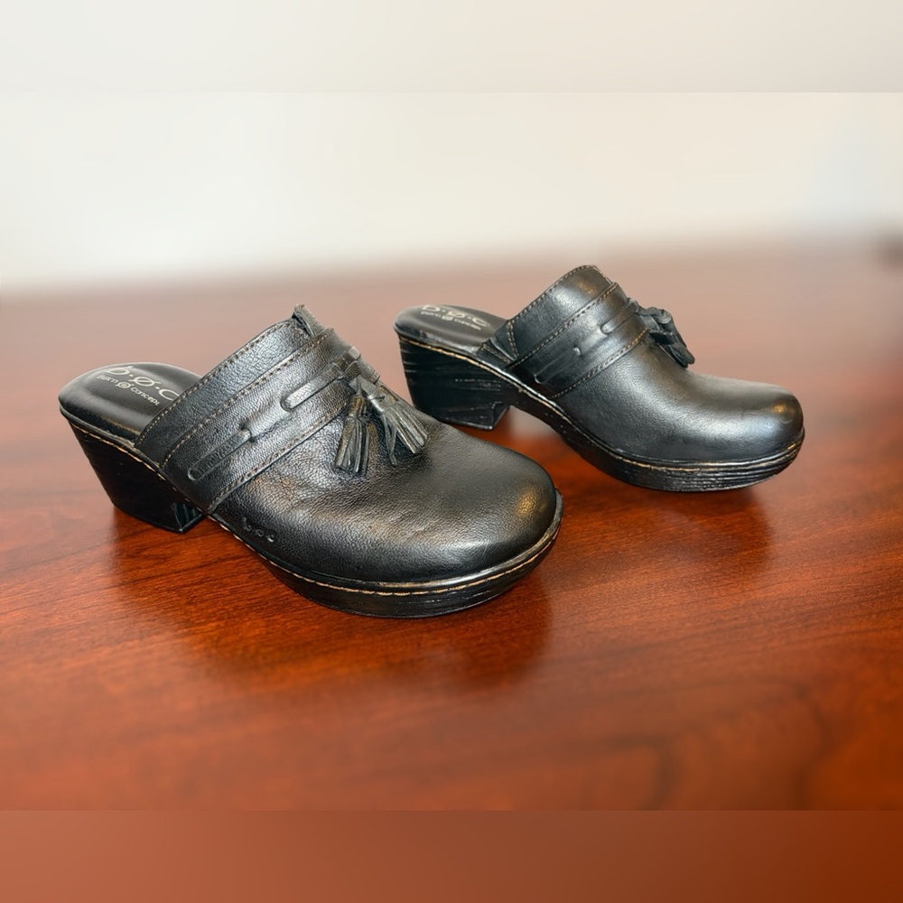 b.ø.c. Elsbury Tassel Leather Mules Black Women’s Size 7 Comfort Heel Chunky - Picture 4 of 12